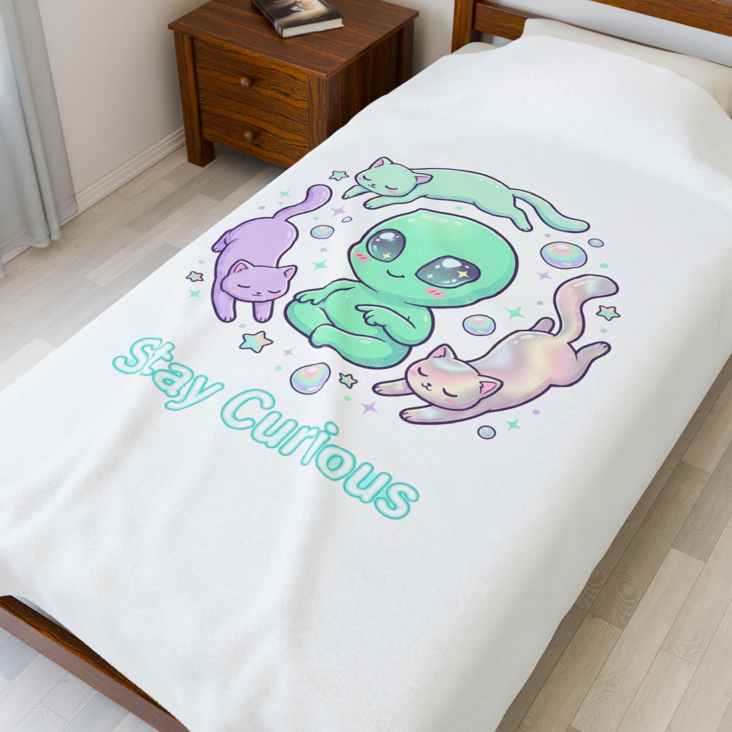 Stay Curious Alien Plush Blanket | Pastel Holographic Cosmic Vibes