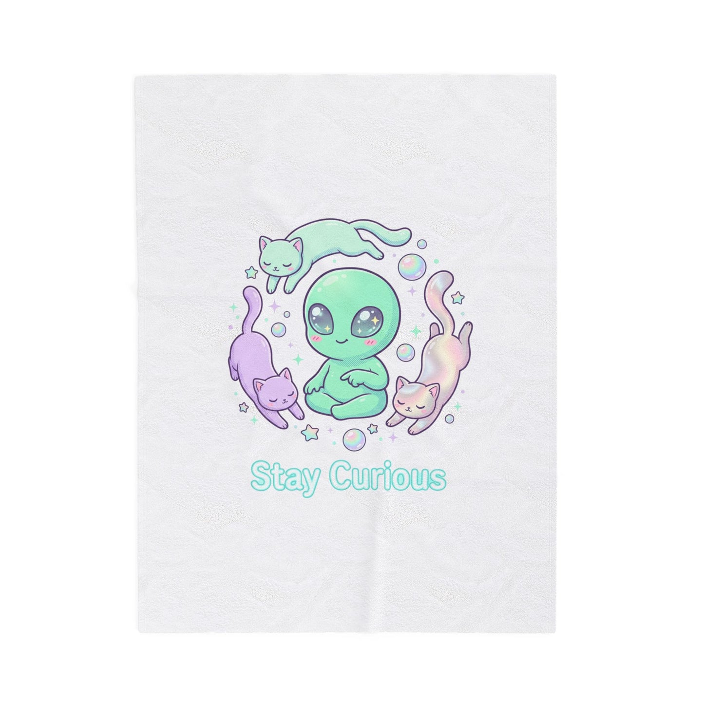 Stay Curious Alien Plush Blanket | Pastel Holographic Cosmic Vibes