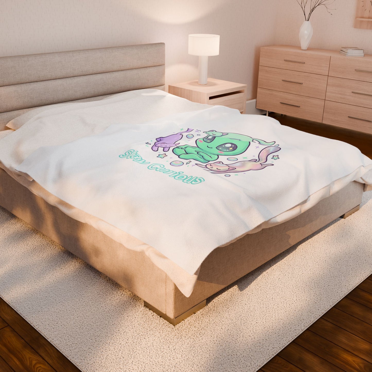 Stay Curious Alien Plush Blanket | Pastel Holographic Cosmic Vibes