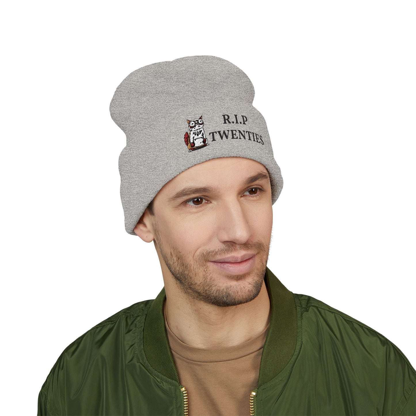 R.I.P Twenties Embroidered Cuffed Beanie — Funny Millennial Quarter-Life Humor Knit Hat