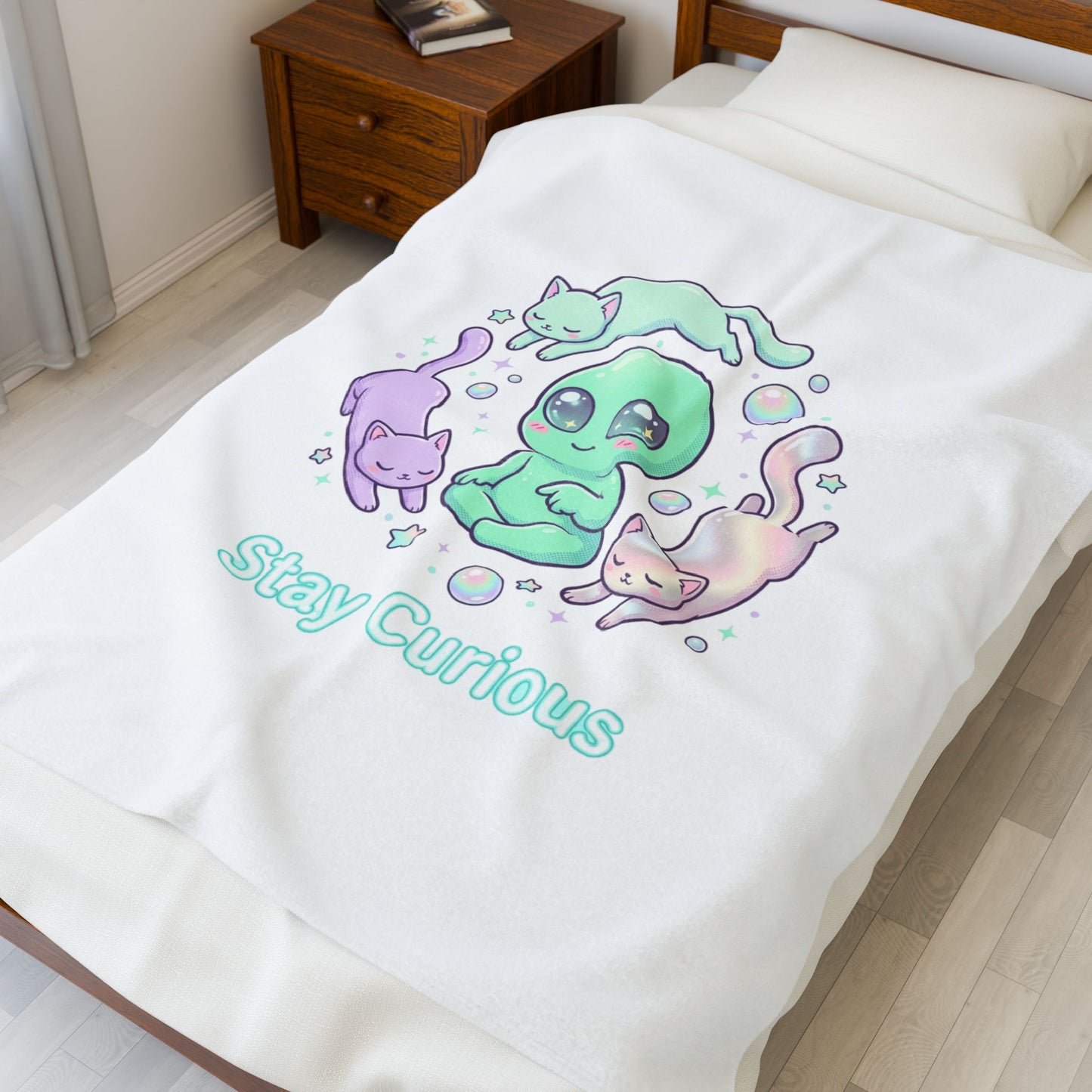 Stay Curious Alien Plush Blanket | Pastel Holographic Cosmic Vibes