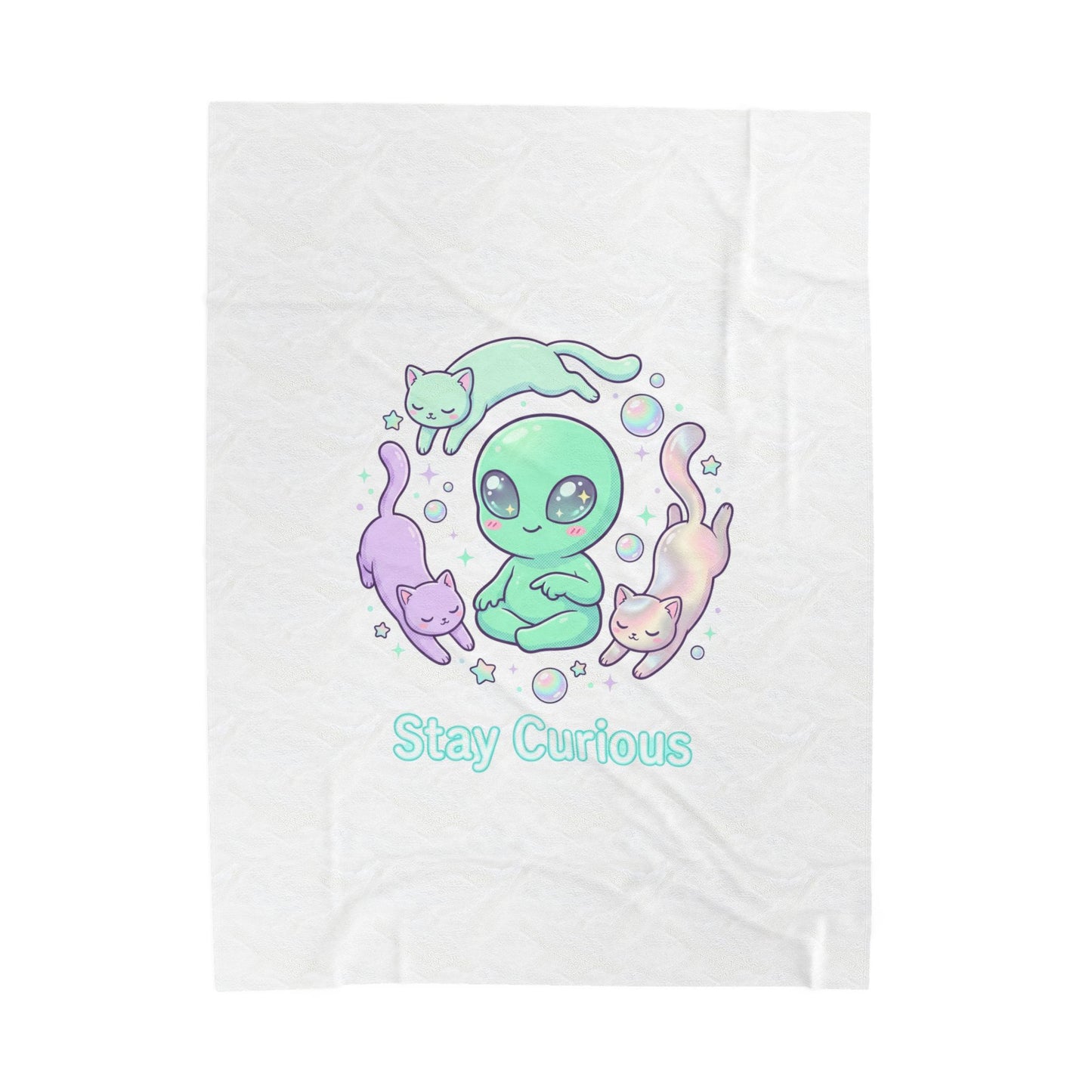 Stay Curious Alien Plush Blanket | Pastel Holographic Cosmic Vibes