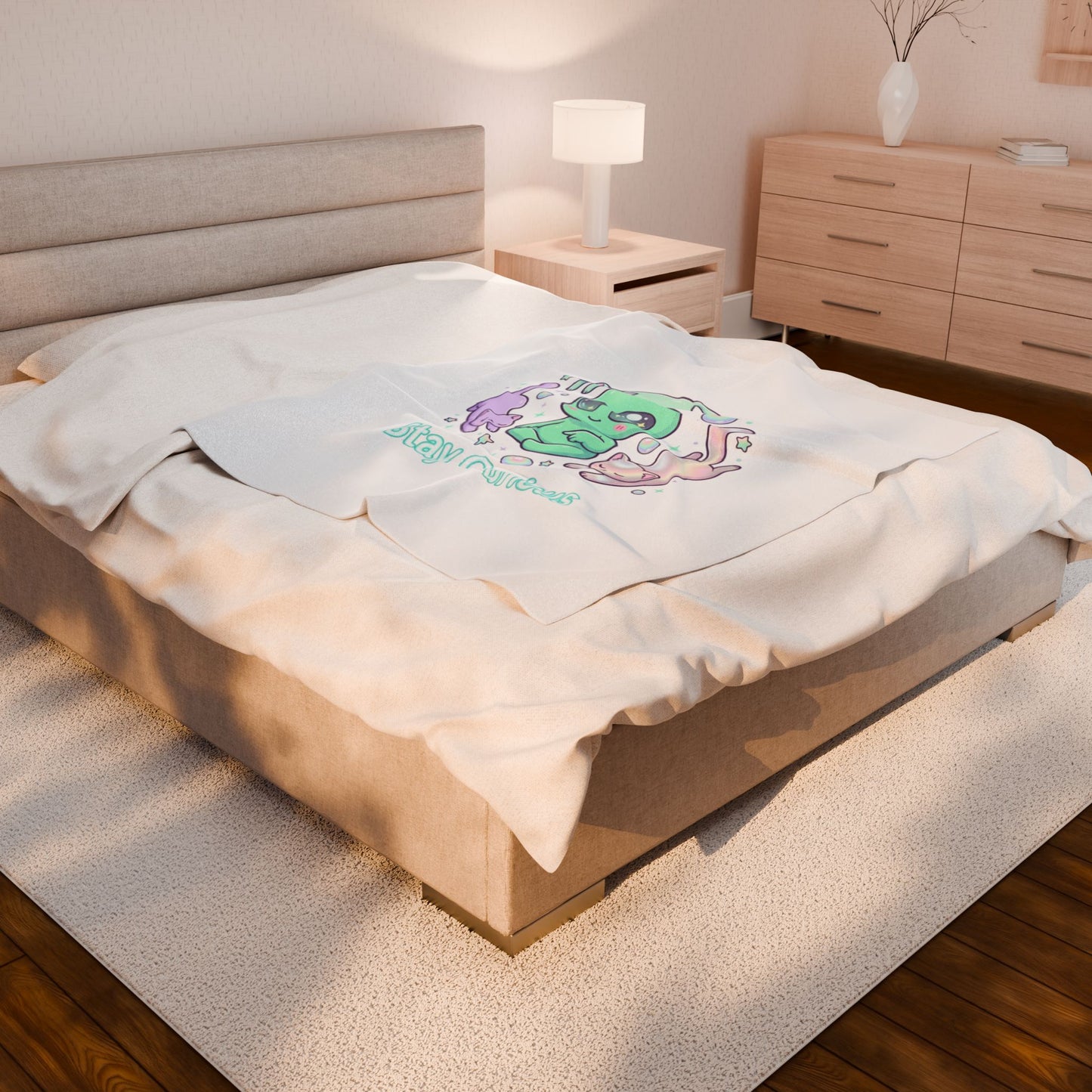 Stay Curious Alien Plush Blanket | Pastel Holographic Cosmic Vibes