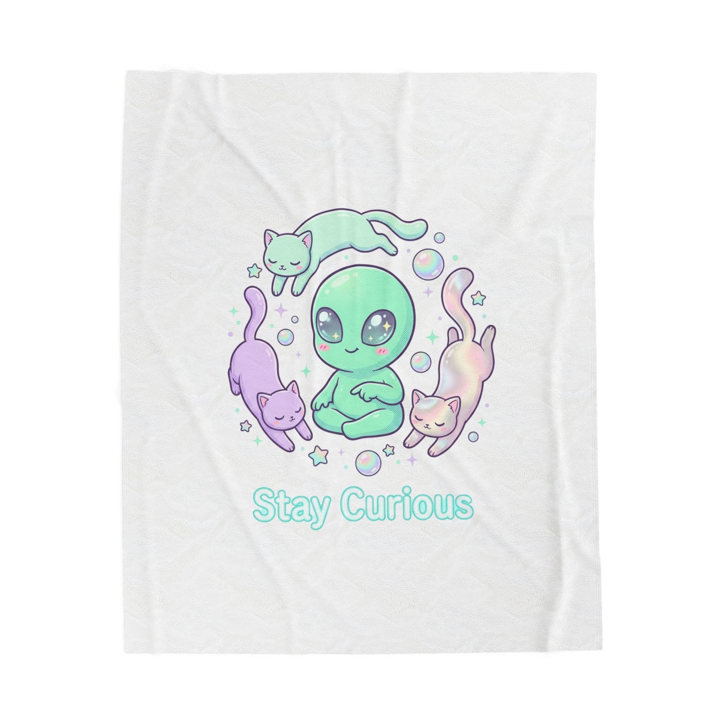 Stay Curious Alien Plush Blanket | Pastel Holographic Cosmic Vibes