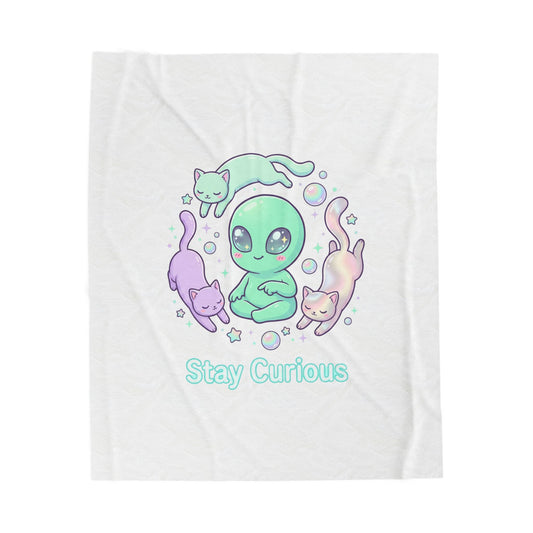 Stay Curious Alien Plush Blanket | Pastel Holographic Cosmic Vibes
