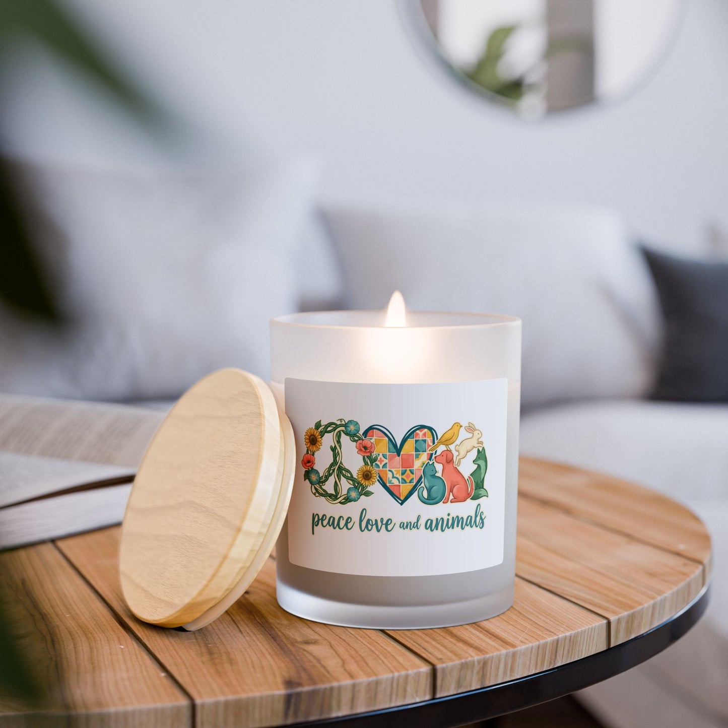 Frosted Glass Candle — Peace, Love & Animals Scent (11oz) — Be a Petty‑Witty Human